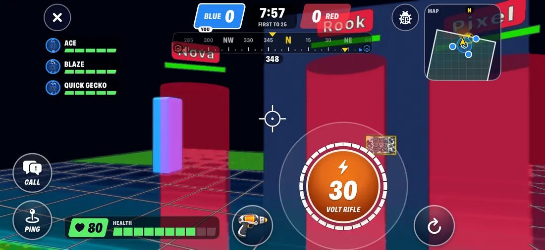 The game on a phone held sideways: the team score and timer at the top, team-mates' health on the left, a map, name tags over opponents, and a big round FIRE button.