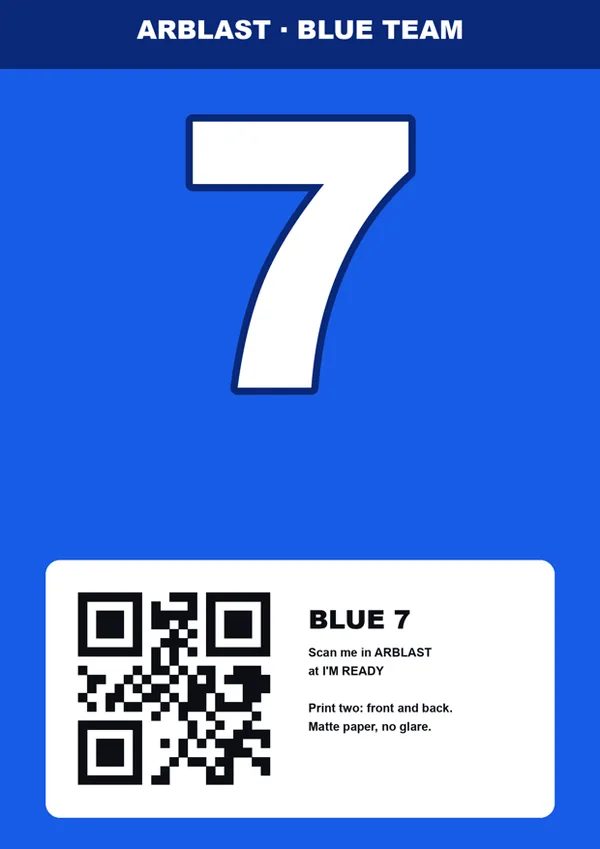 A blue bib panel: the number 7 in large white type, with a QR code label reading BLUE 7.