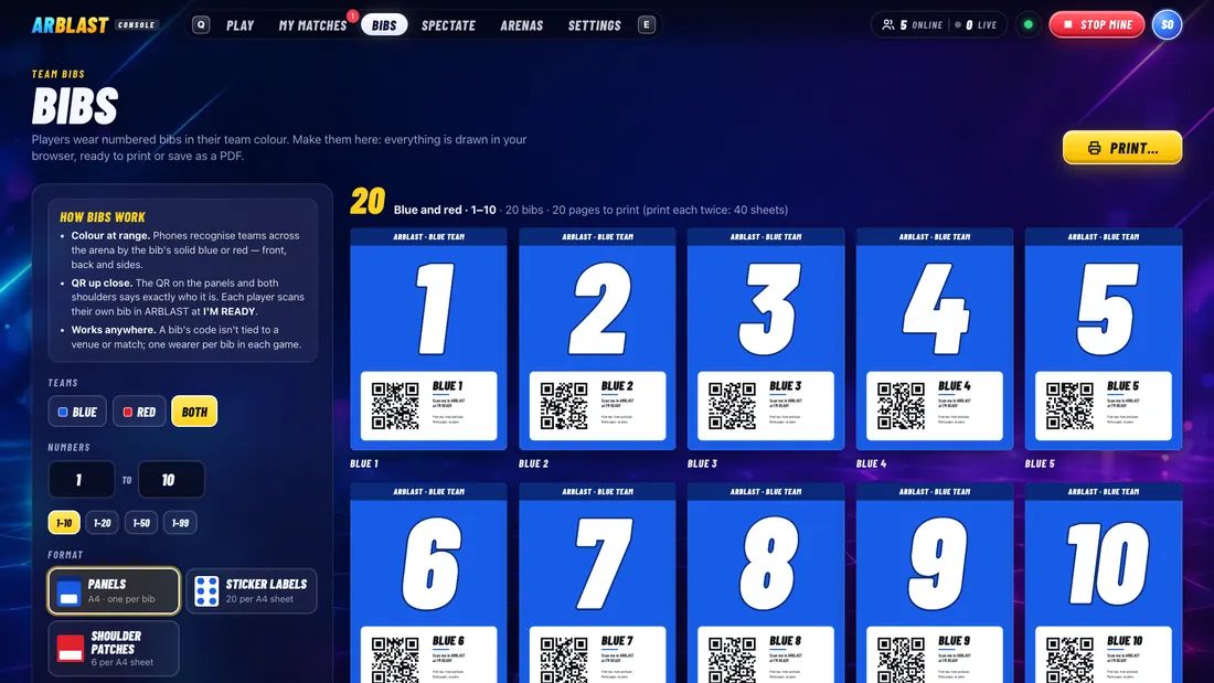 La página Petos del panel: paneles de peto azules numerados del 1 al 10, cada uno con una etiqueta QR, y opciones de equipos, números y formato.