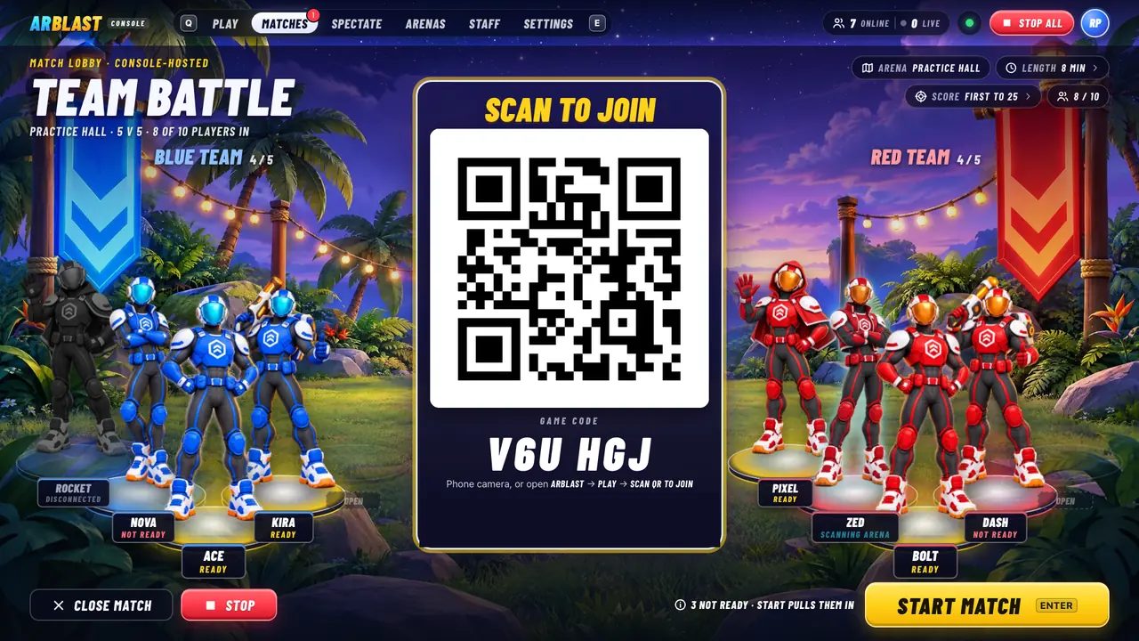 The console's match lobby on a big screen: a giant Scan to join QR code and game code between the blue team and the red team, with each player's name and ready status, and a Start Match button.