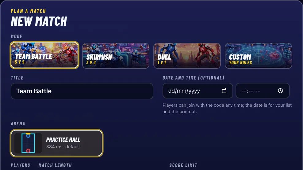 The organiser console's New Match panel: mode tiles for Team Battle, Skirmish, Duel and Custom, a title, an optional date and time, the arena, match length and score limit.