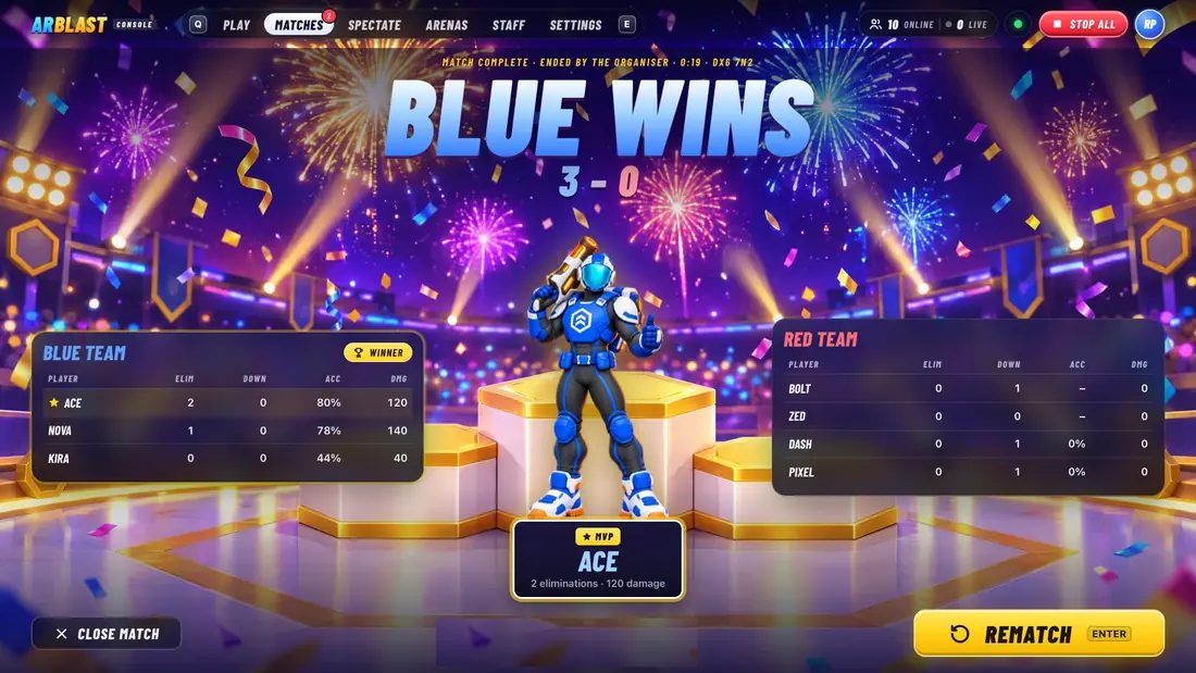La pantalla de resultados: GANA AZUL 3 a 0 sobre un podio con el MVP, y las estadísticas de ambos equipos de eliminaciones, precisión y daño.