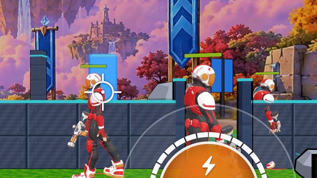 Práctica a solas en un teléfono: héroes de práctica ROJOS caminando por el mundo de juego pintado a partir del espacio real.